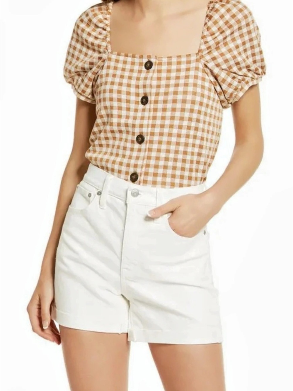 Madewell Gingham Jacquard Square-Neck Puff-Sleeve Top Brown & White Small